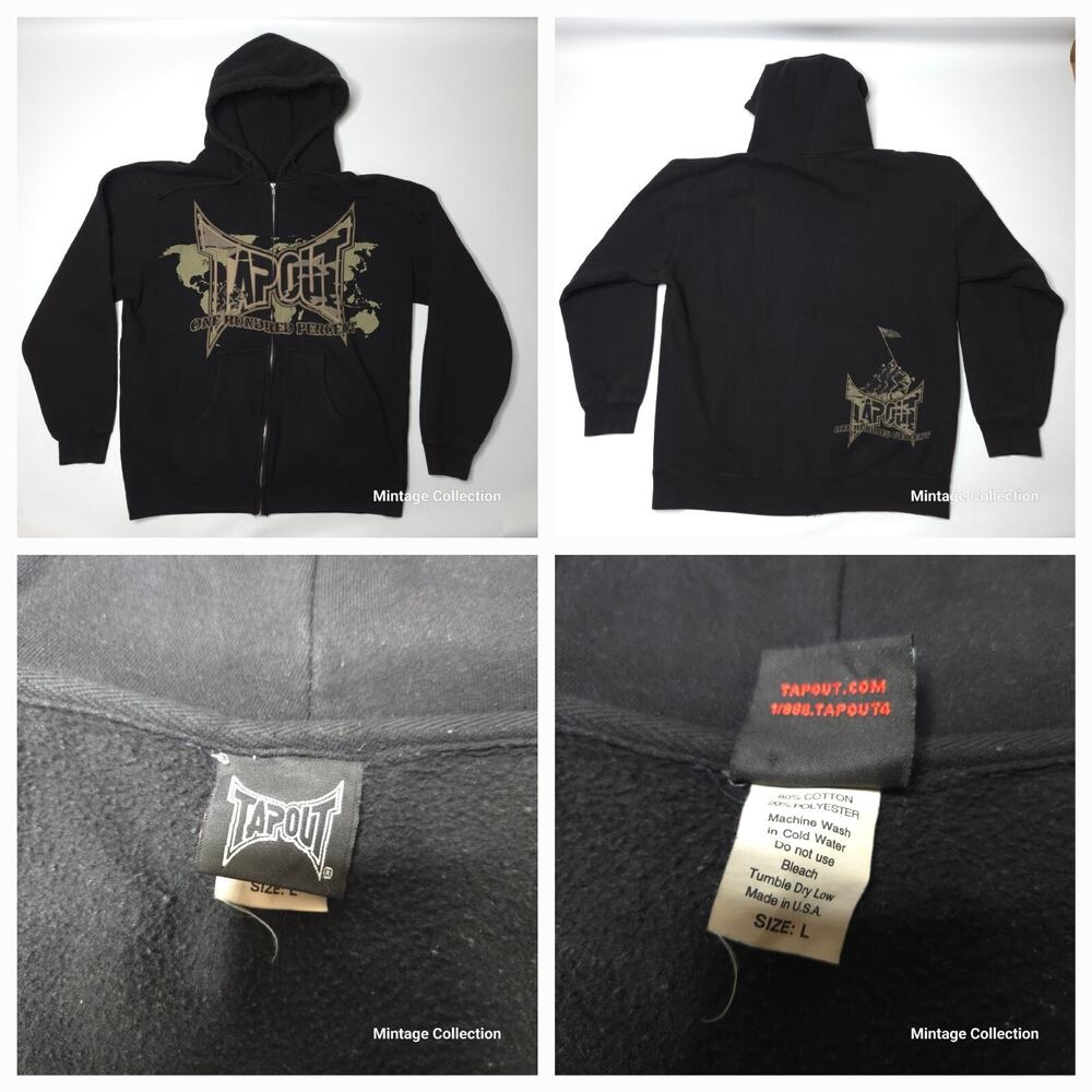 Vintage Y2K Tapout One Hundred Percent MMA Made in USA Black Full Zip Hoodie L